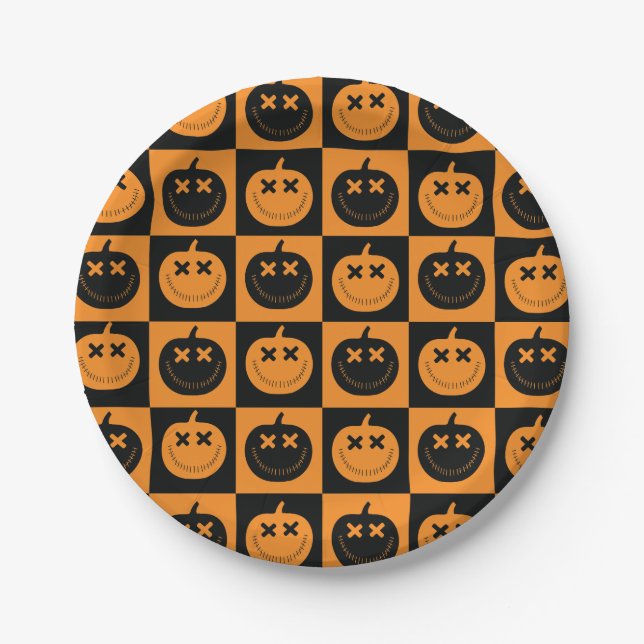 Prato De Papel Padrão de Verificadores de Halloween com Bompkins (Frente)