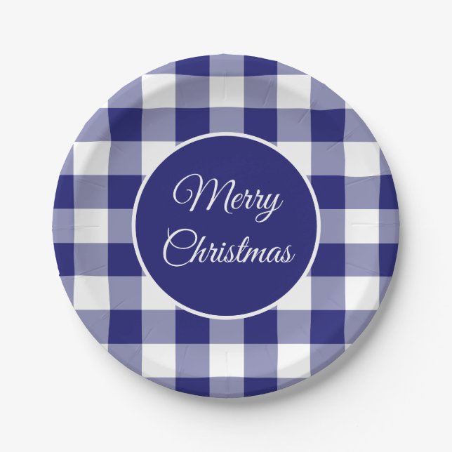 Prato De Papel Padrão de Xadrez Azul e Branco Rústico de Natal (Frente)