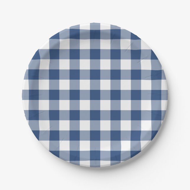 Prato De Papel Padrão de Xadrez de Gingham Branco Azul Clássico (Frente)