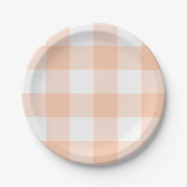 Prato De Papel Padrão de Xadrez de Pastel Peach Gingham (Frente)