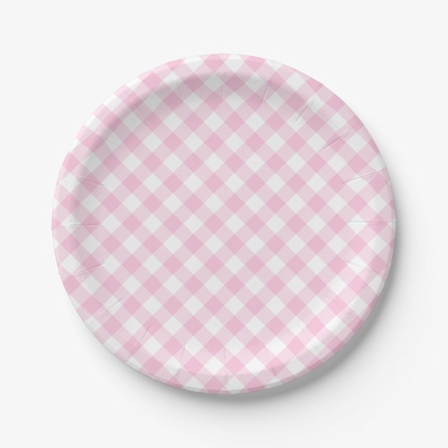 Prato De Papel Padrão de Xadrez Gingham Rosa (Frente)