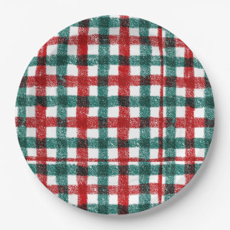 Prato De Papel Padrão de Xadrez Natalino Vermelho e Verde Desenha