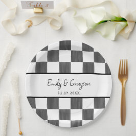 Prato De Papel Padrão de Xadrez Preto Pintado Casamento