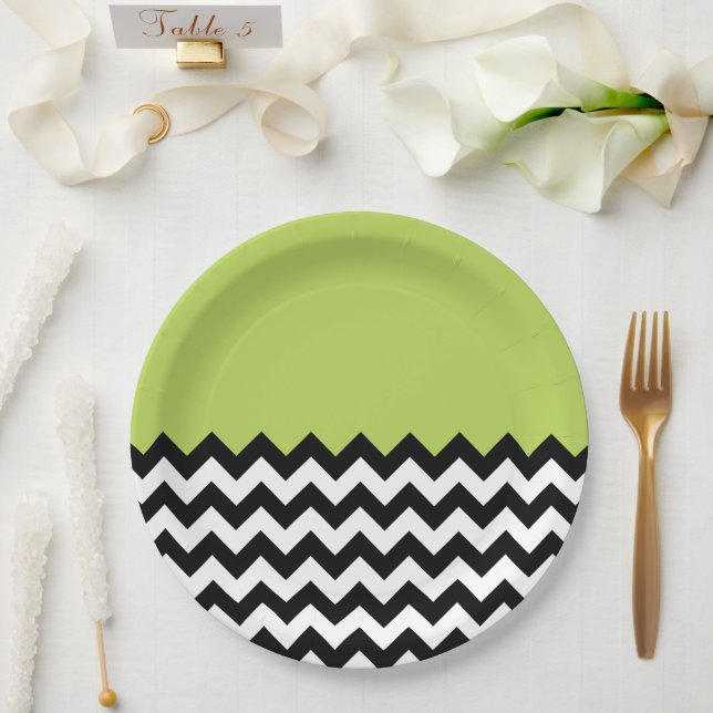 Prato De Papel Padrão de ziguezague preto e branco, Chevron, verd (Casamento)