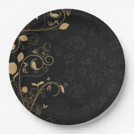Prato De Papel Padrão Decorativo Preto e Dourado