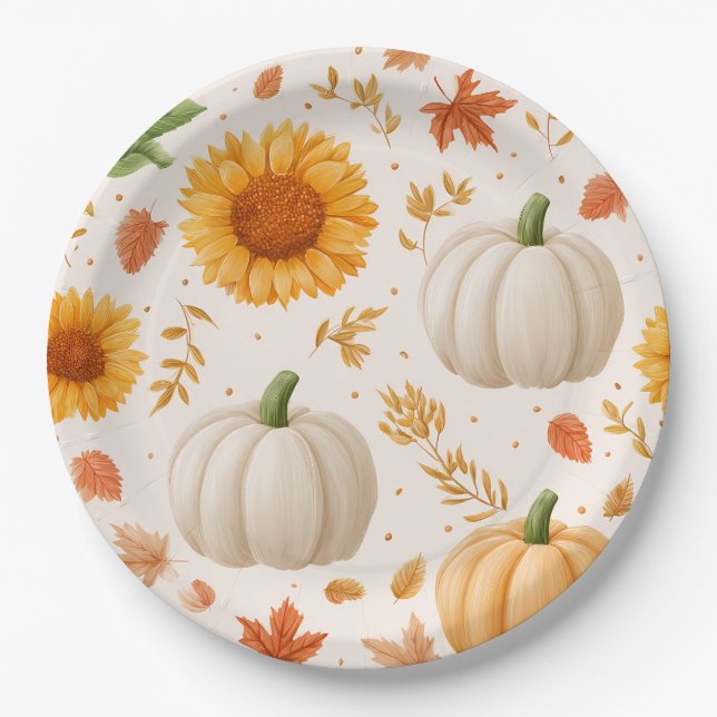 Prato De Papel Padrão do Autumn Pumpkins & Sunflower (Frente)