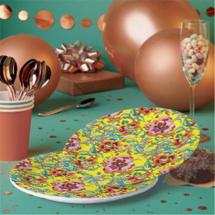 Prato De Papel Padrão do bordado floral da Vintage Vibrant