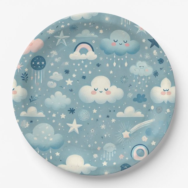 Prato De Papel Padrão do Céu Whimsical com Nuvens, Estrelas - Azu (Frente)