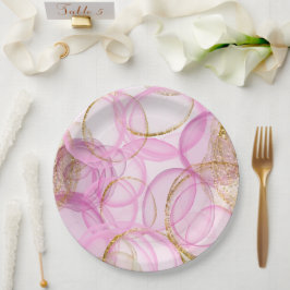 Prato De Papel Padrão do círculo de tinta rosa e Dourada