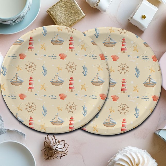 Prato De Papel Padrão do Farol de Barcos Náuticos Boho (Criador carregado)