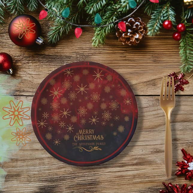 Prato De Papel Padrão Elegante DOURADO Feliz Natal (Elegant Pattern RED GOLD Merry Christmas Paper Plates)