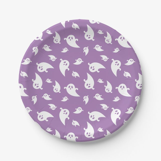 Prato De Papel Padrão Fantasma Branco e Roxo Halloween Fofo (Frente)