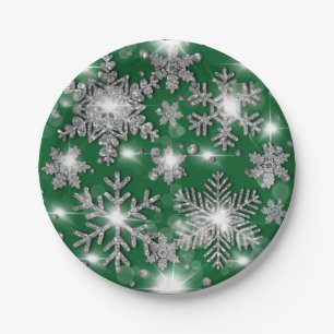 Prato De Papel Padrão festivo de floco de neve verde prateado cin