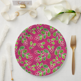 Prato De Papel Padrão Festivo De Folhagem De Morango, Fuchsia