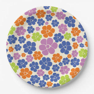 Prato De Papel Padrão Flor - Azul, Laranja, Roxo, Verde