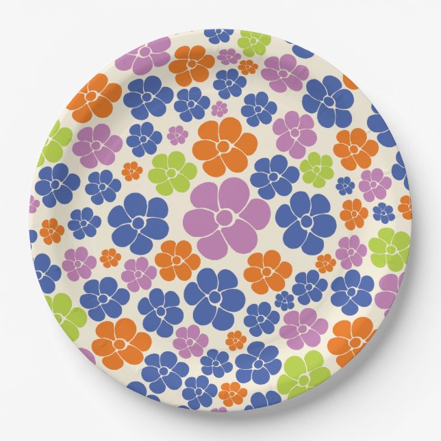 Prato De Papel Padrão Flor - Azul, Laranja, Roxo, Verde (Frente)