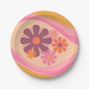Prato De Papel Padrão Flor Retro-Sonho Flor Cor-de-Rosa Cor-de-Ro
