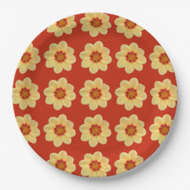 Prato De Papel Padrão Floral Amarelo Dahlia em Vermelho
