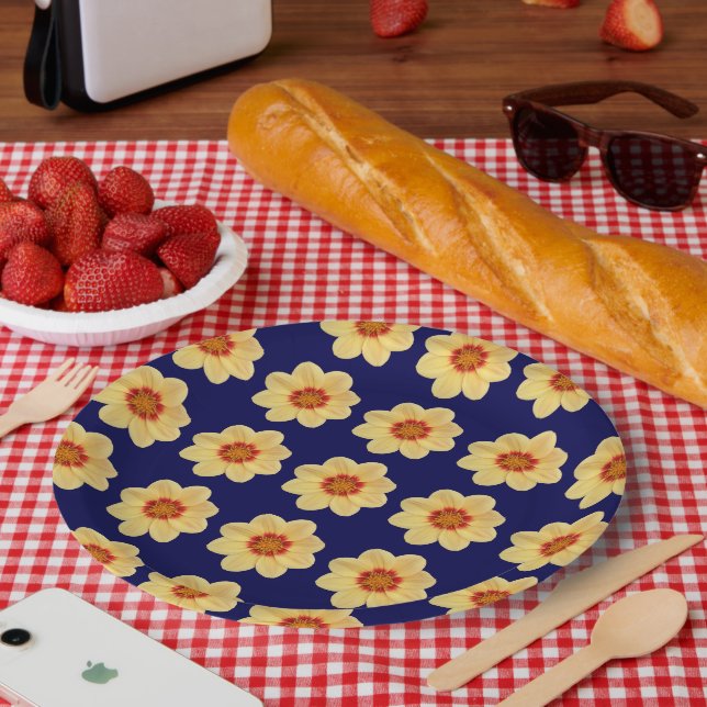 Prato De Papel Padrão Floral Amarelo Dahlia no Azul (Piquenique)