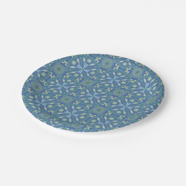 Prato De Papel Padrão floral azul e verde contínuo (Inclinado)
