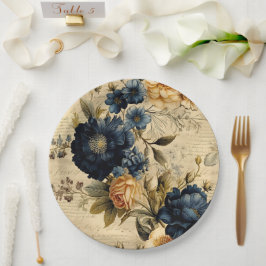 Prato De Papel Padrão Floral Azul Elegante Creme