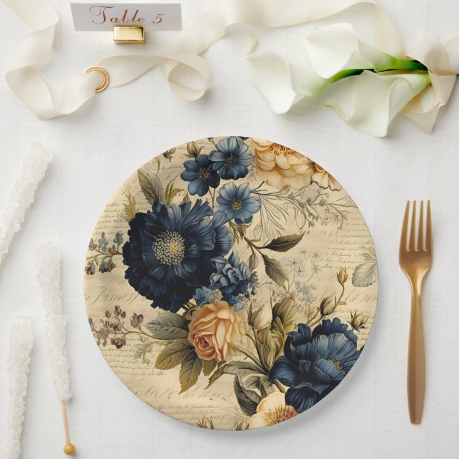Prato De Papel Padrão Floral Azul Elegante em Creme (Casamento)