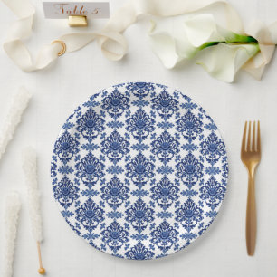Prato De Papel Padrão Floral Barroco de Luxo Azul Real e Branco