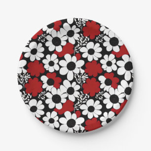 Prato De Papel Padrão Floral bonito em Vermelho, Preto e Branco