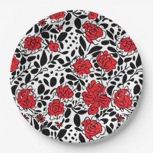 Prato De Papel Padrão Floral bonito em Vermelho, Preto e Branco