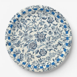 Prato De Papel Padrão floral branco e azul de vinheta