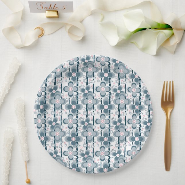 Prato De Papel Padrão floral cinza e branco  cinza (Casamento)