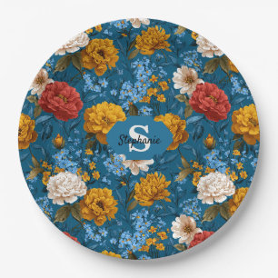 Prato De Papel Padrão Floral Colorido Rustic Vintage em Azul