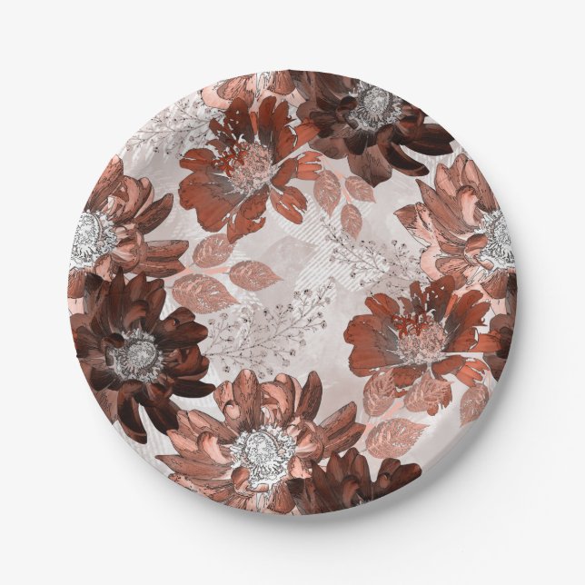 Prato De Papel Padrão floral da cinza marrom-aquarela. (Frente)