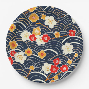 Prato De Papel Padrão Floral de Ameixa em Flor com Onda Japonesa 