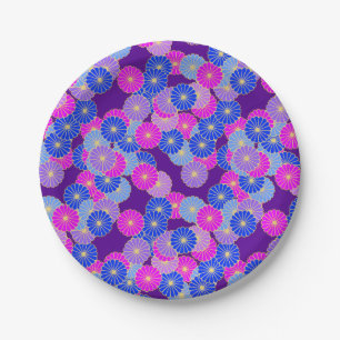 Prato De Papel Padrão floral de Art Deco - violeta, azul e roxo