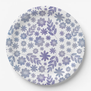 Prato De Papel Padrão Floral de cinza e Lavanda