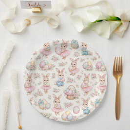 Prato De Papel Padrão Floral de Coelhinho de Páscoa Fofo - Primav