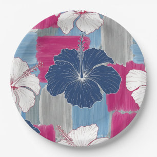 Prato De Papel Padrão Floral de Hibisco Azul Elegante (2)