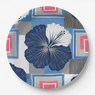Prato De Papel Padrão Floral de Hibisco Azul Elegante (4)