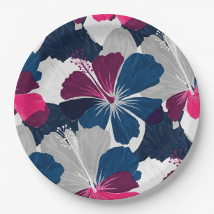 Prato De Papel Padrão Floral de Hibisco Azul Elegante (6)