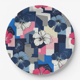 Prato De Papel Padrão Floral de Hibisco Azul Elegante (7)