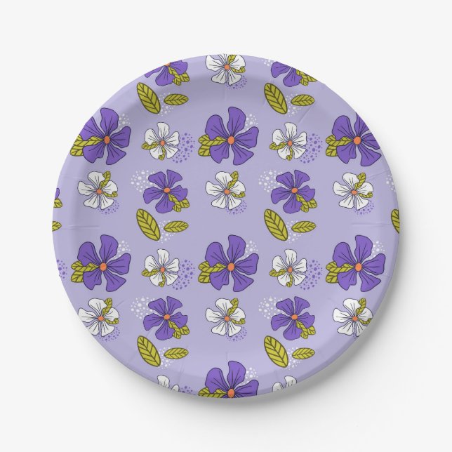 Prato De Papel Padrão Floral de Primavera em Roxo (Frente)