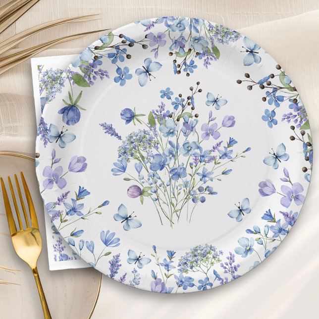 Prato De Papel Padrão Floral Delicado em Aquarela da Margarida Az (Floral paper plates from my Blue Wildflower Bridal Shower Collection)