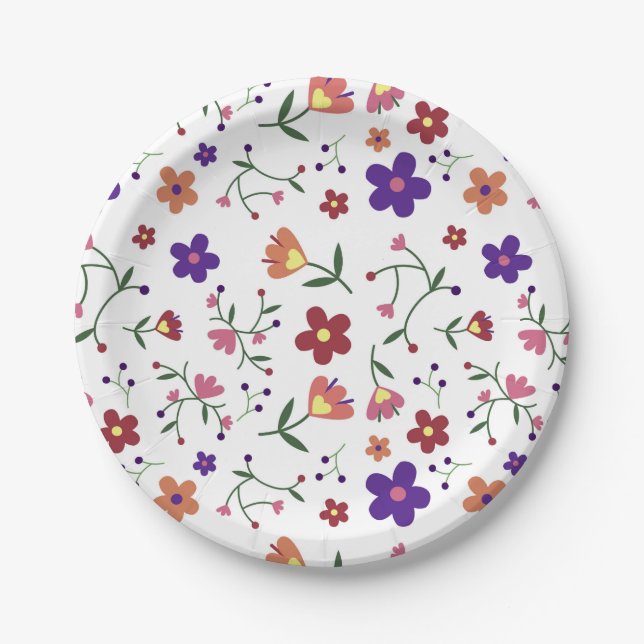 Prato De Papel Padrão Floral Desenhado À Mão (Frente)