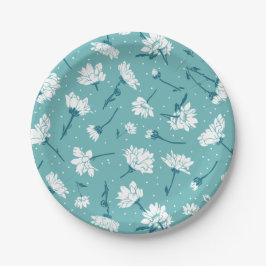 Prato De Papel Padrão Floral Elegante - Botânica Branca e Teal