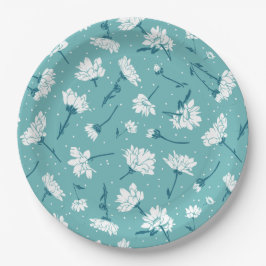 Prato De Papel Padrão Floral Elegante - Botânica Branca e Teal