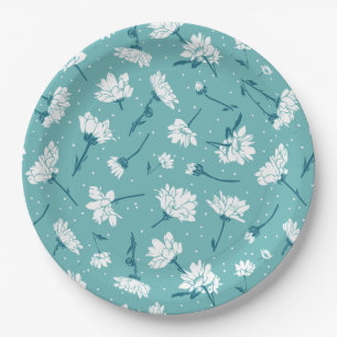 Prato De Papel Padrão Floral Elegante - Botânica Branca e Teal