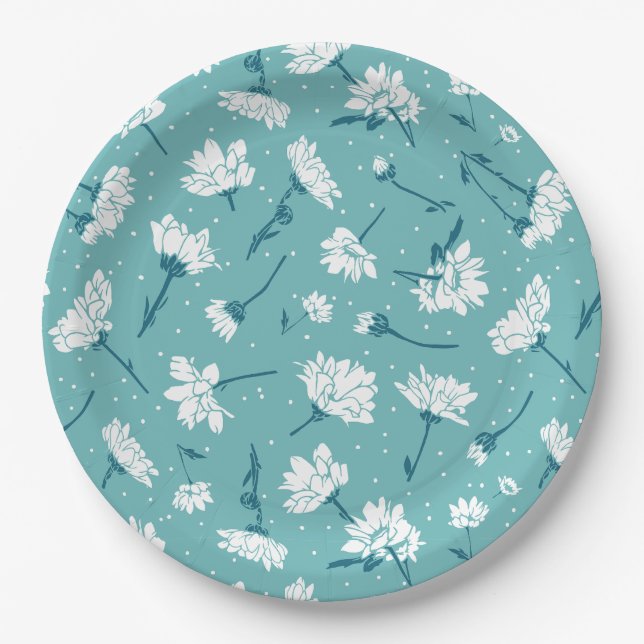 Prato De Papel Padrão Floral Elegante - Botânica Branca e Teal (Frente)