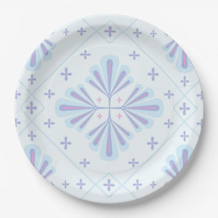 Prato De Papel Padrão Floral Geométrico Azul Pastel