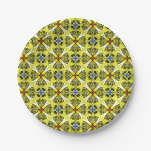 Prato De Papel padrão floral geométrico em amarelo, azul, marrom